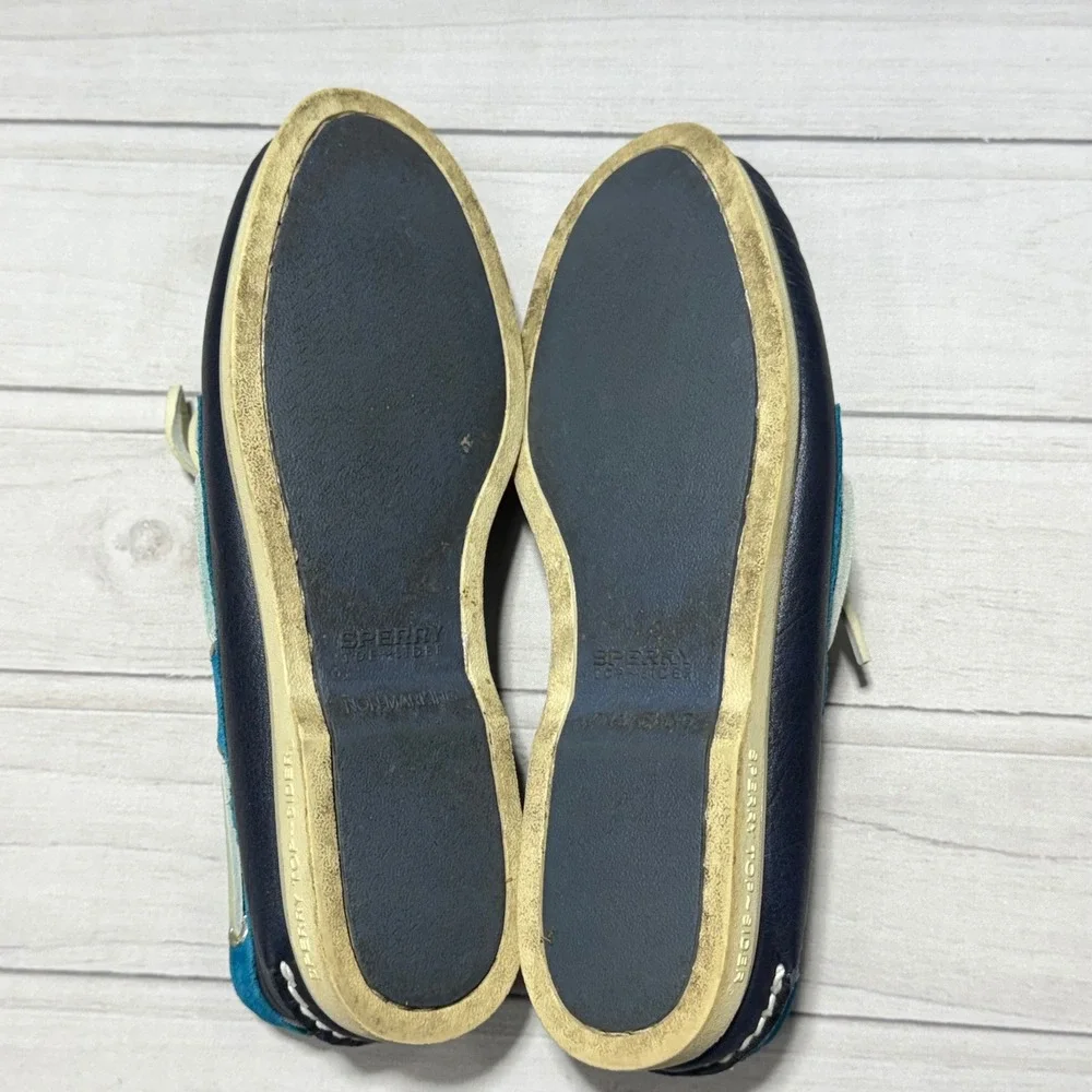 Sperry Gold Cup Boat Shoes Mens 8.5 Navy Blue Turquoise Leather Suede STS23803